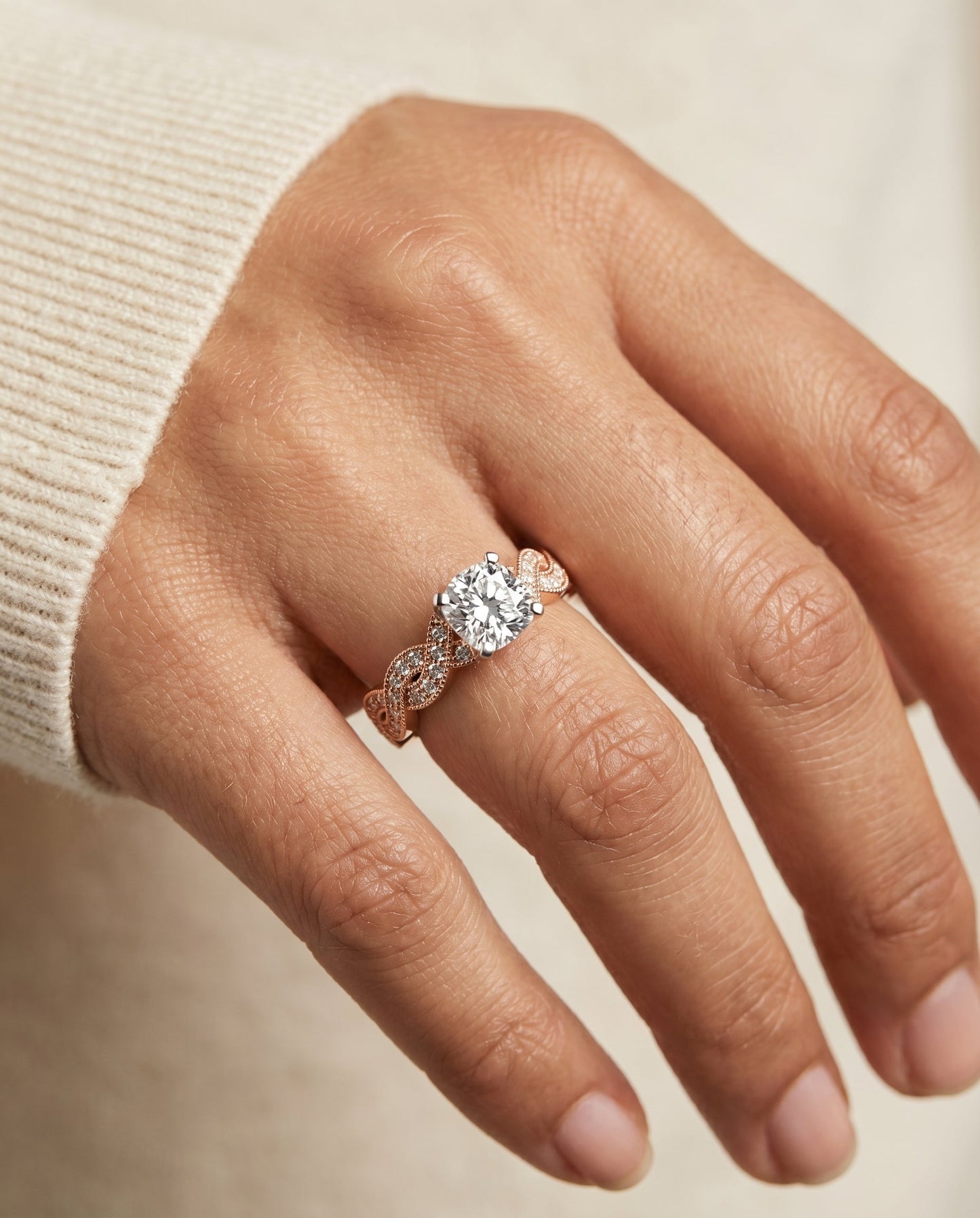 Marie Select Criss Cross Beaded Pave Solitaire in 14K Rose Gold – view 3