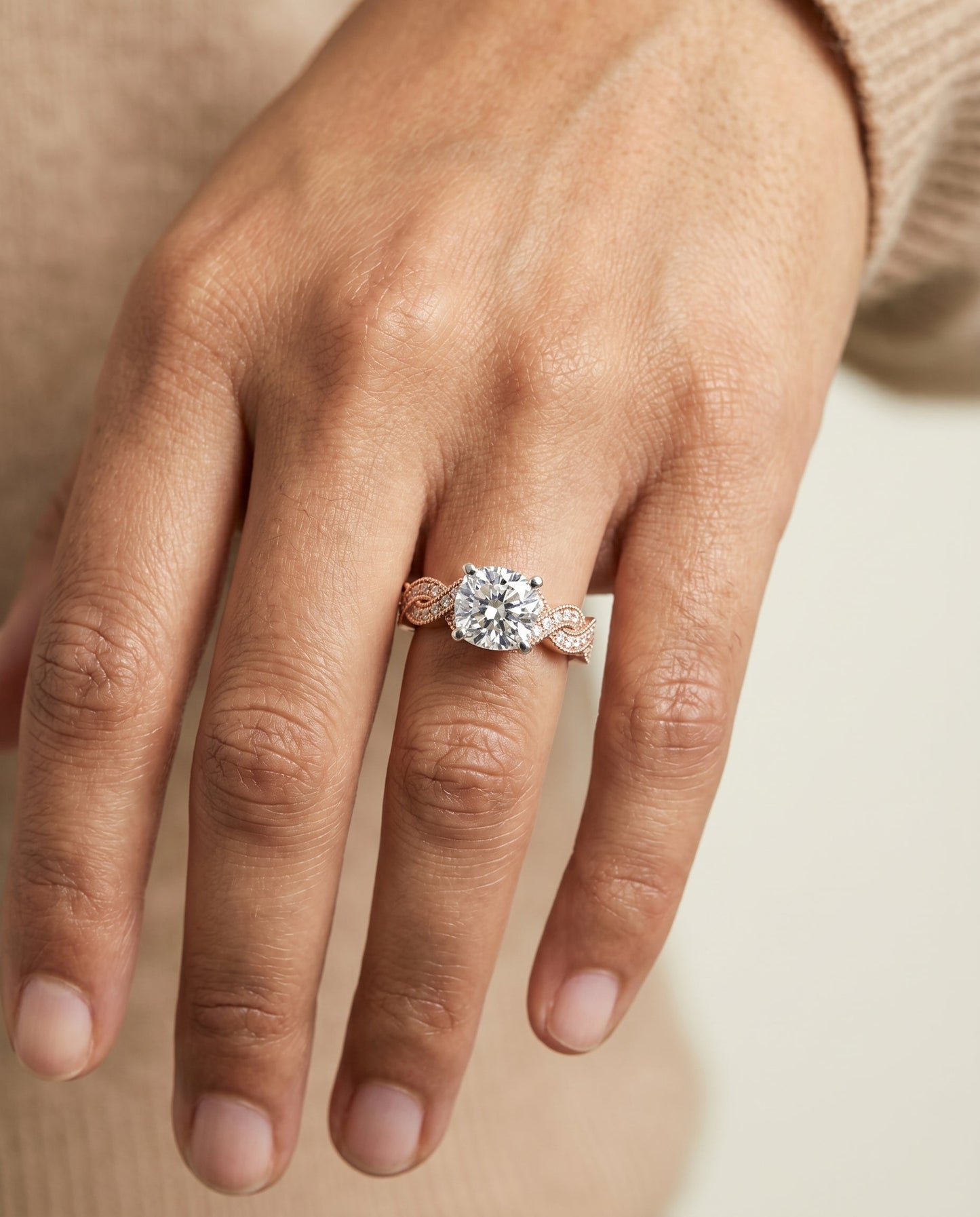 Marie Select Criss Cross Beaded Pave Solitaire in 14K Rose Gold – view 5