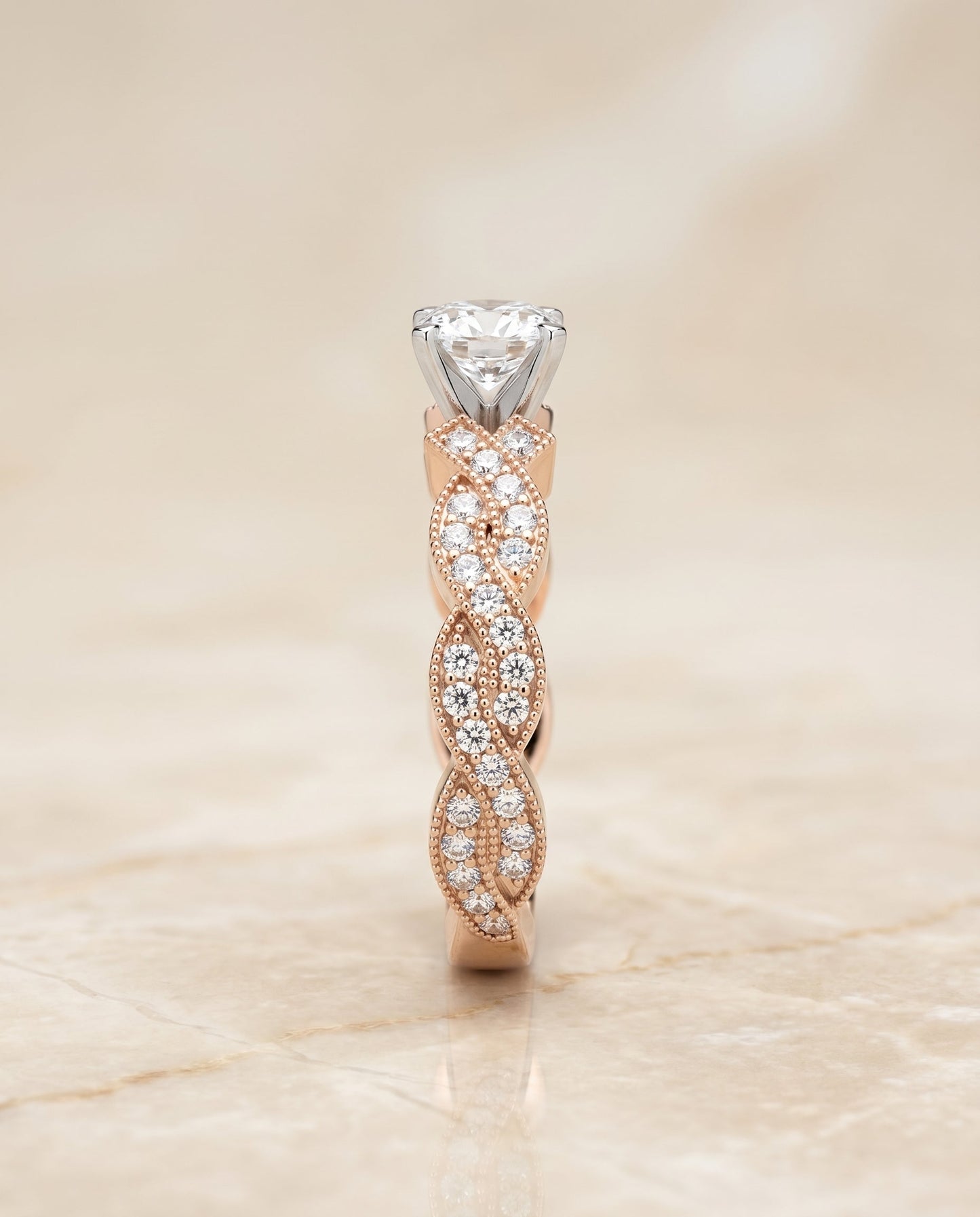 Marie Select Criss Cross Beaded Pave Solitaire in 14K Rose Gold – view 6