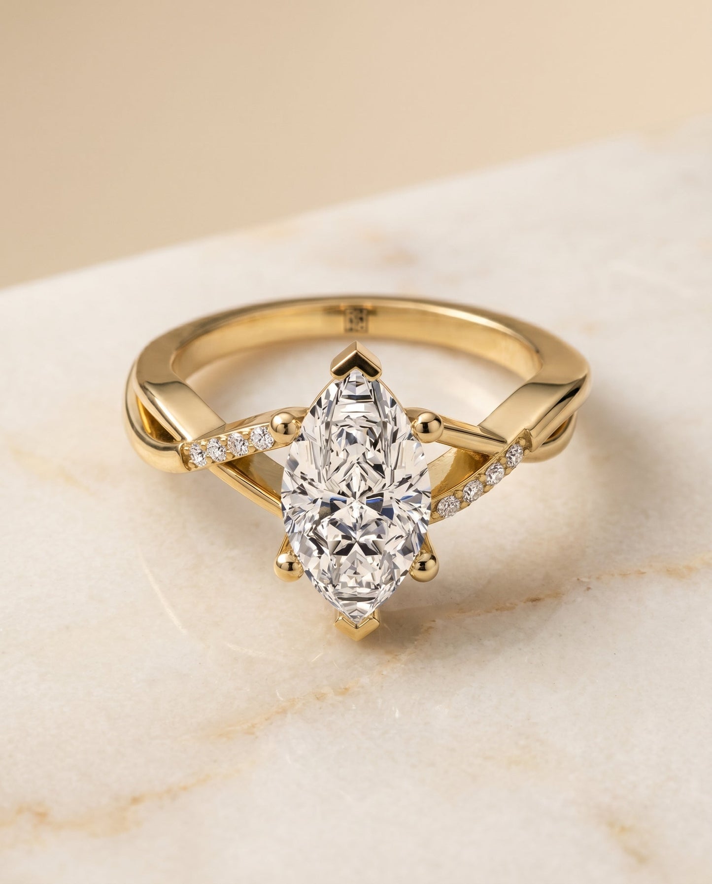 Criss Cross Bypass Twist Marquise, in 18K Yellow Gold – angled view | RockHer