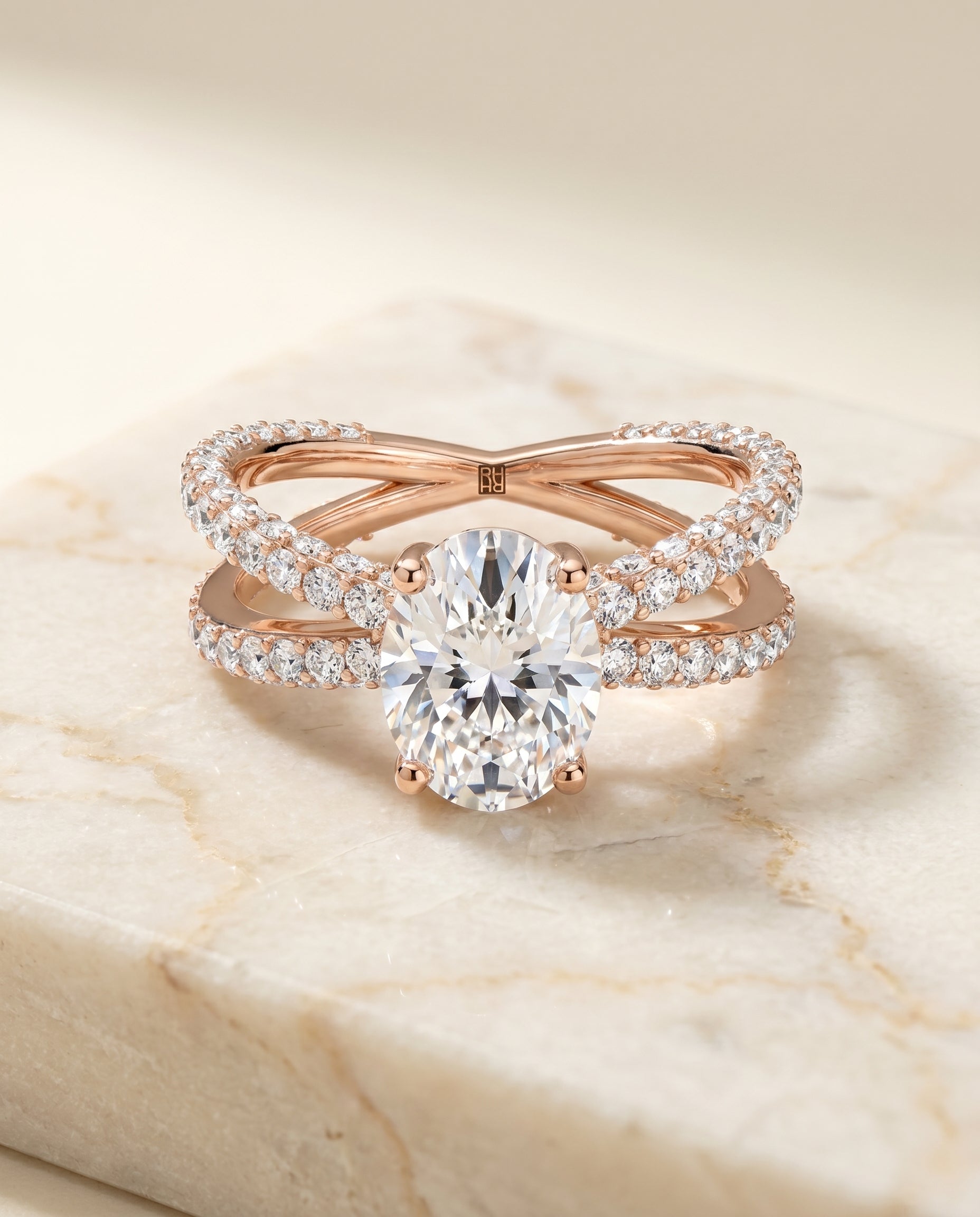 Criss Cross Open Pavé Oval, in 14K Rose Gold, pave setting – angled view | RockHer