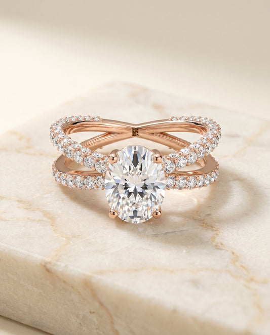 Criss Cross Open Pavé Oval, in 14K Rose Gold, pave setting – angled view | RockHer