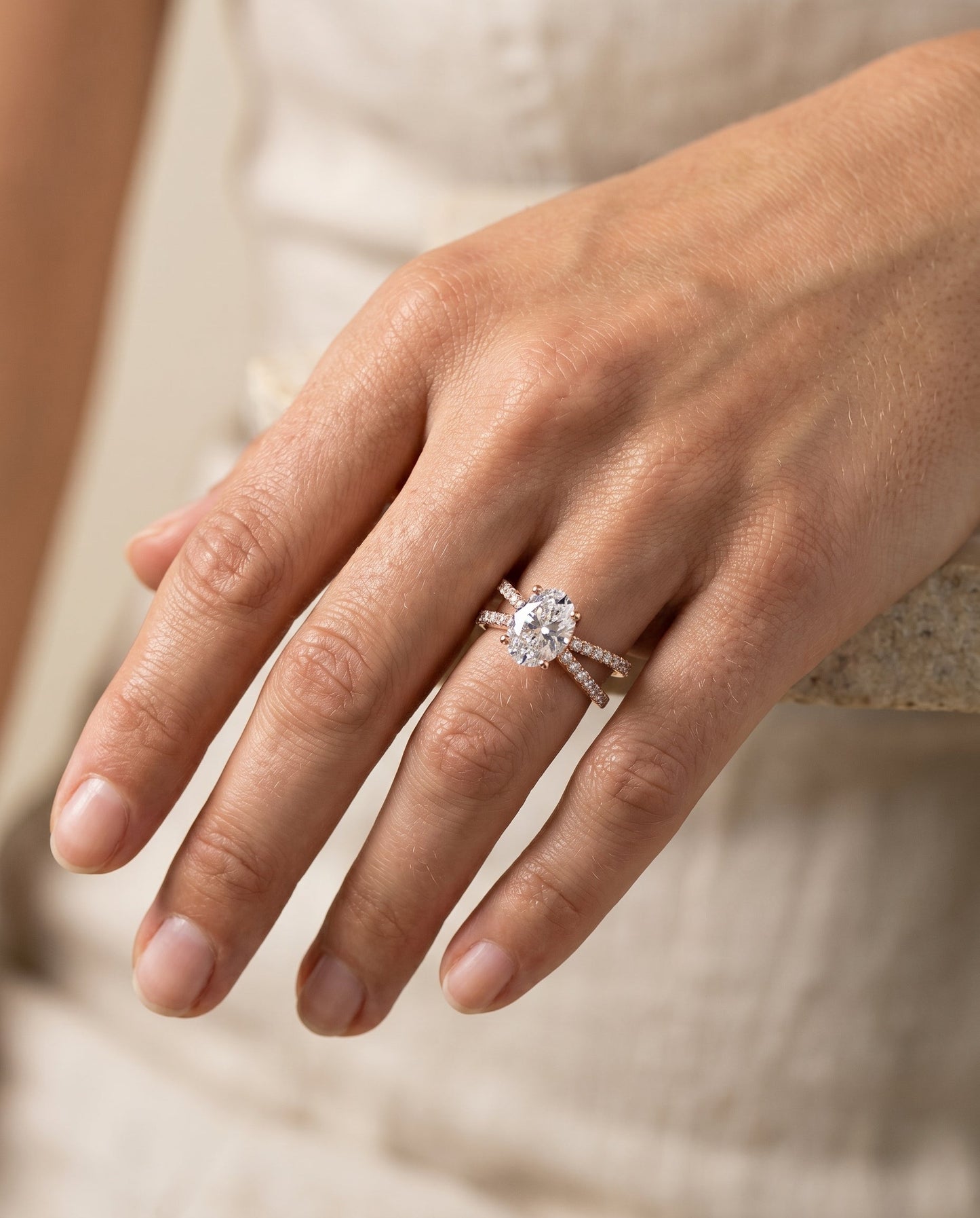 Criss Cross Open Pavé Oval, in 14K Rose Gold, pave setting – lifestyle shot | RockHer