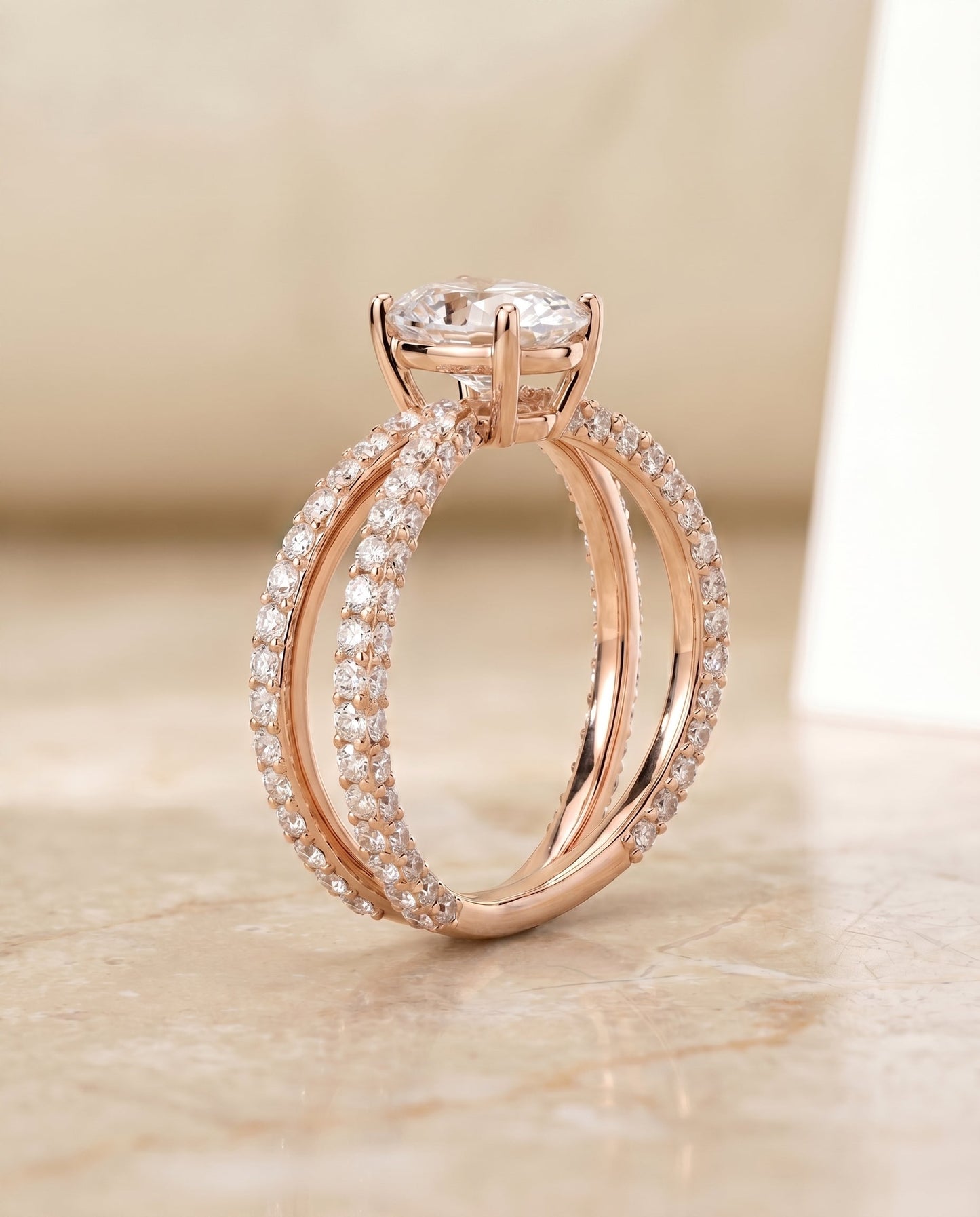 Criss Cross Open Pavé Oval, in 14K Rose Gold, pave setting – side profile | RockHer