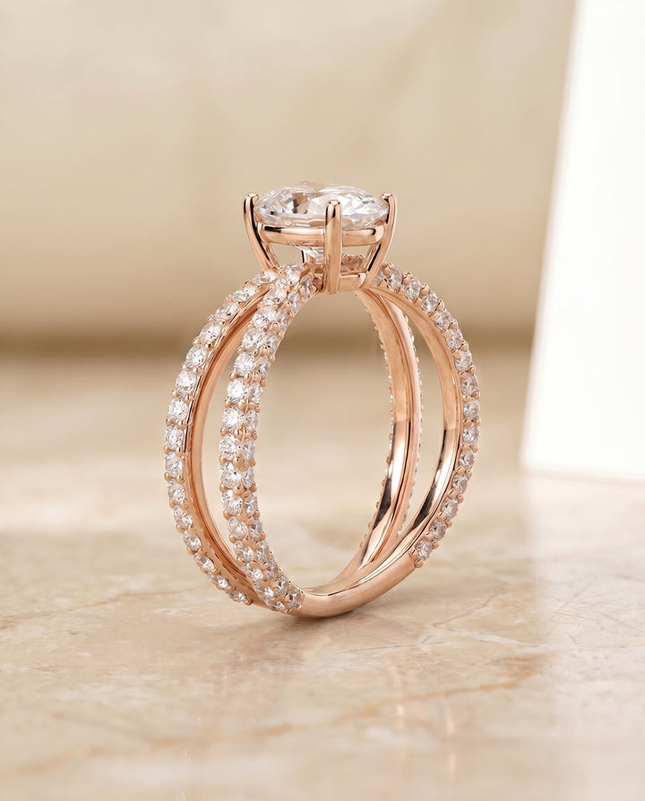 Criss Cross Open Pavé Oval, in 14K Rose Gold, pave setting – side profile | RockHer