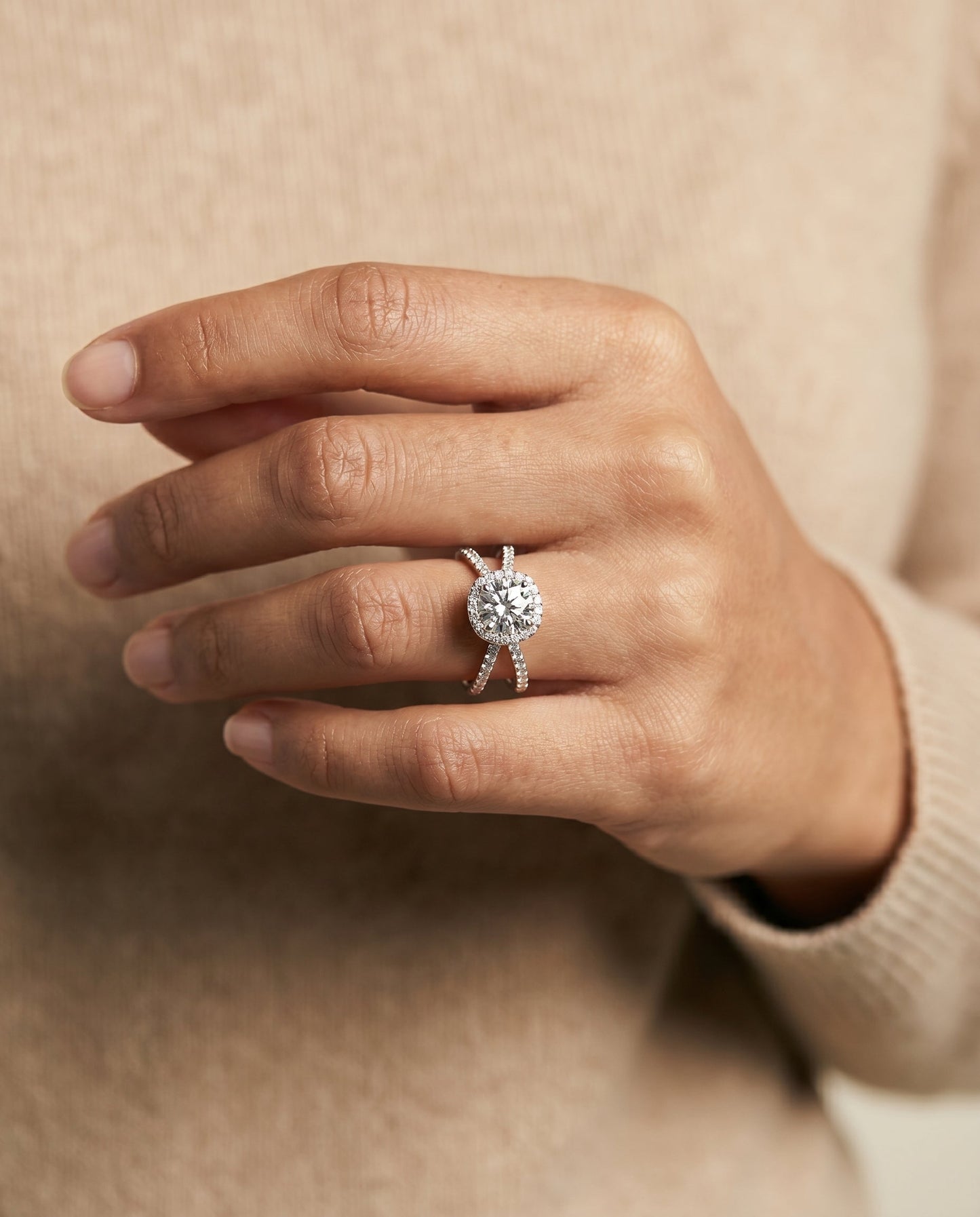 Joan Select Criss Cross Pave Halo Cushion in Platinum – view 5