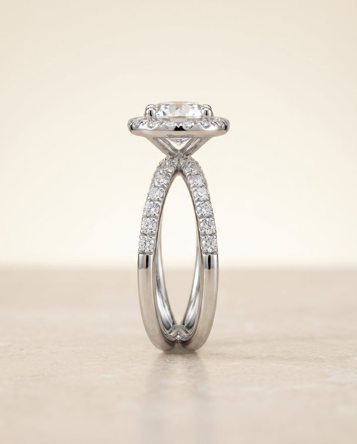 Joan Select Criss Cross Pave Halo Cushion in Platinum – view 2
