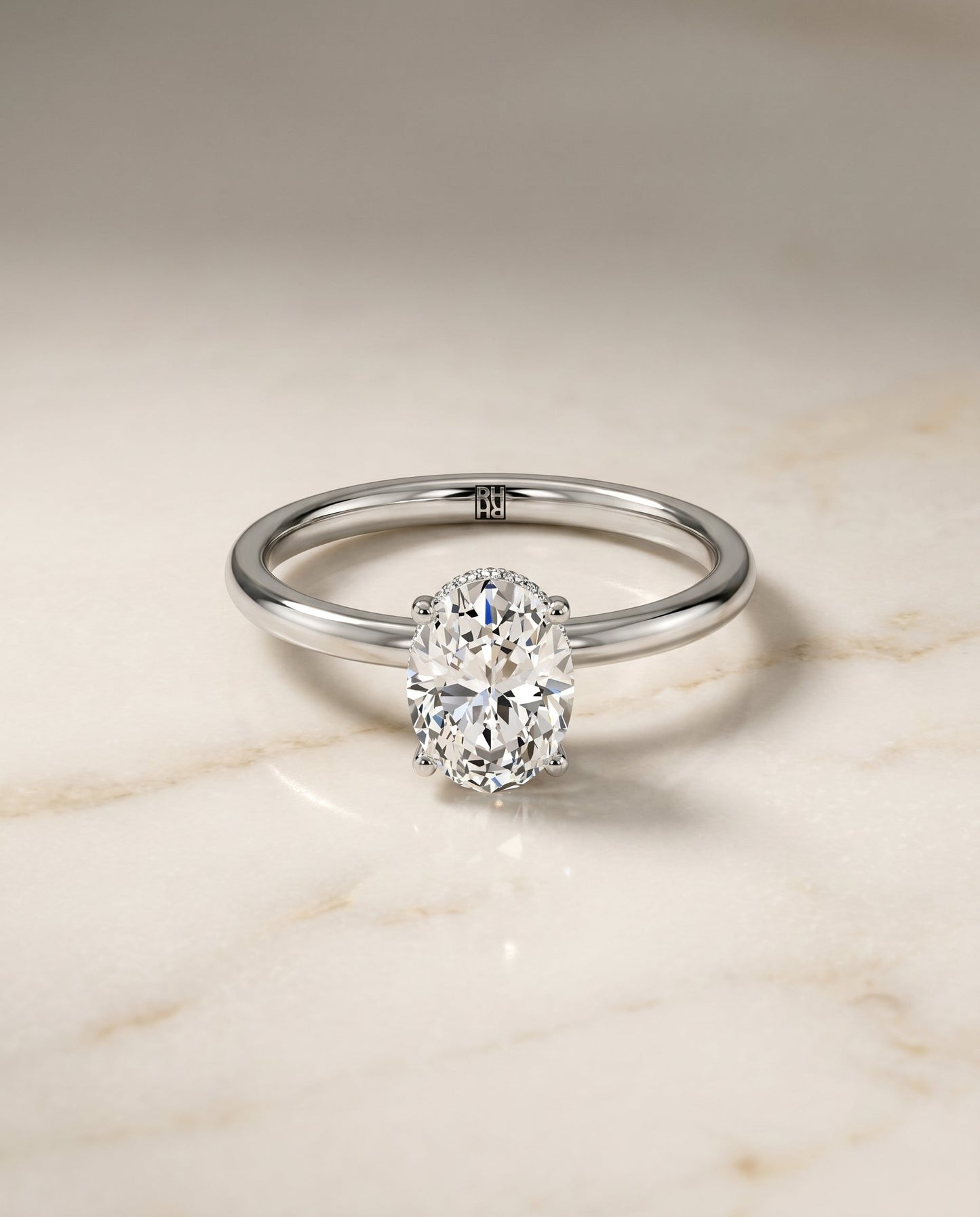 The Cyndi Hidden Halo Solitaire Engagement Ring Setting for Oval Diamonds in 18K White Gold | RockHer