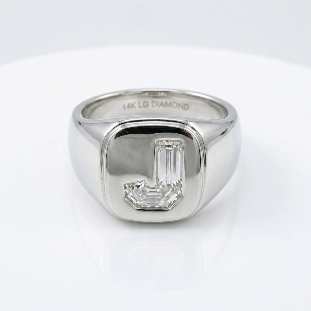 Women's Cushion lab-grown diamond letter signet ring in Platinum, letter J, product photography