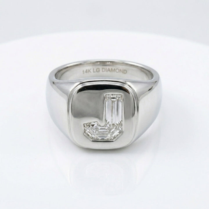 Women's Cushion lab-grown diamond letter signet ring in Platinum, letter J, product photography