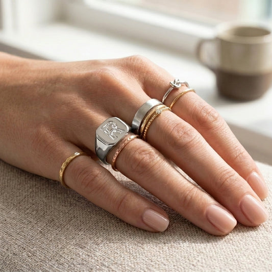 Women's Cushion lab-grown diamond letter signet ring in 14K White Gold, letter R, worn on hand