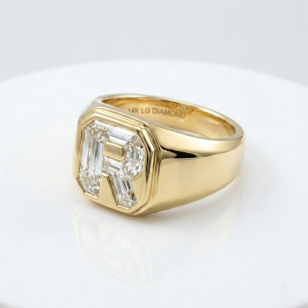 Women's Cushion lab-grown diamond letter signet ring in 14K Yellow Gold, letter R, product photography