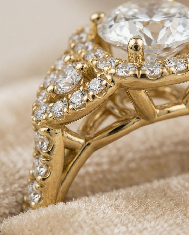 Round Brilliant, Delicate Three Stone Halo, in 18K Yellow Gold, pave setting – detail view | RockHer