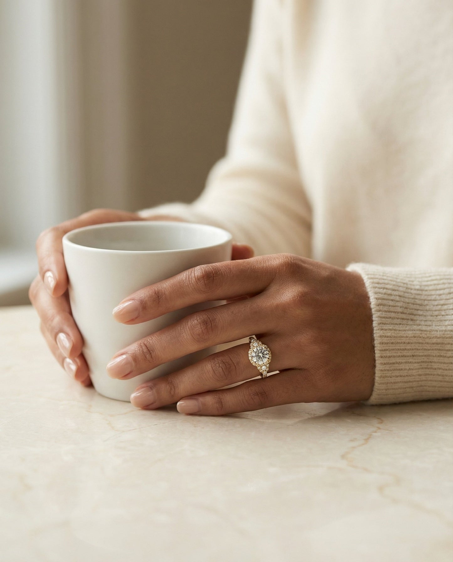 Round Brilliant, Delicate Three Stone Halo, in 18K Yellow Gold, pave setting – lifestyle shot | RockHer