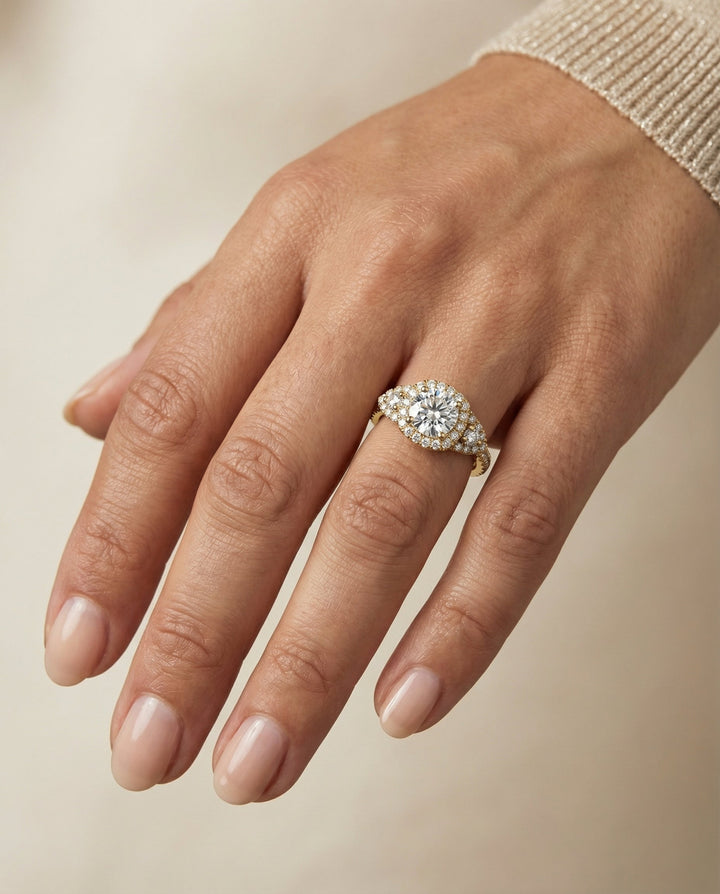 Round Brilliant, Delicate Three Stone Halo, in 18K Yellow Gold, pave setting – lifestyle shot | RockHer