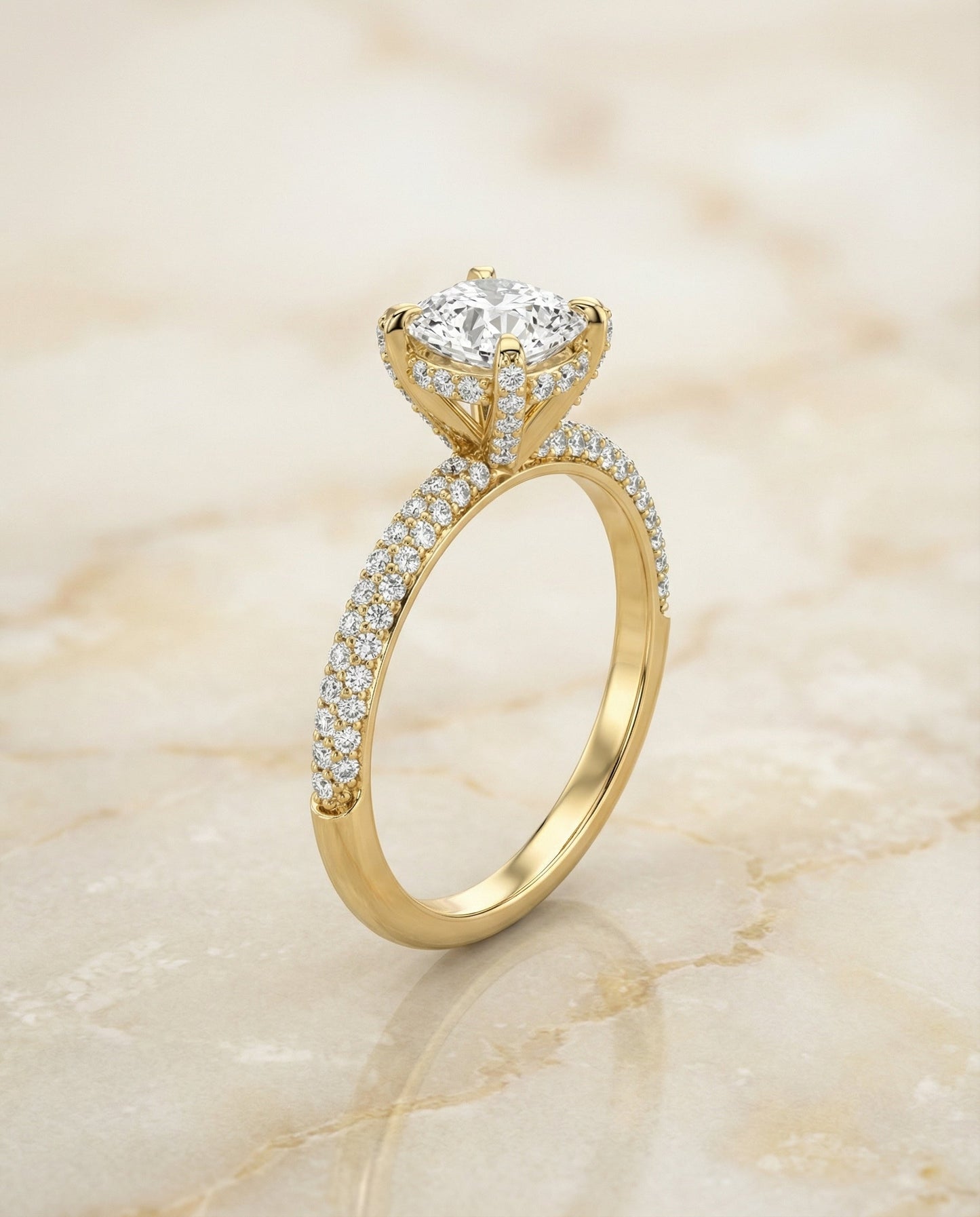 Diamond Encrusted Claw Triple Pavé Cushion, in 18K Yellow Gold – angled view | RockHer