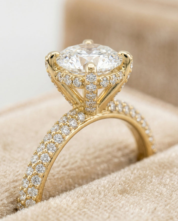 Diamond Encrusted Claw Triple Pavé Cushion, in 18K Yellow Gold – detail view | RockHer