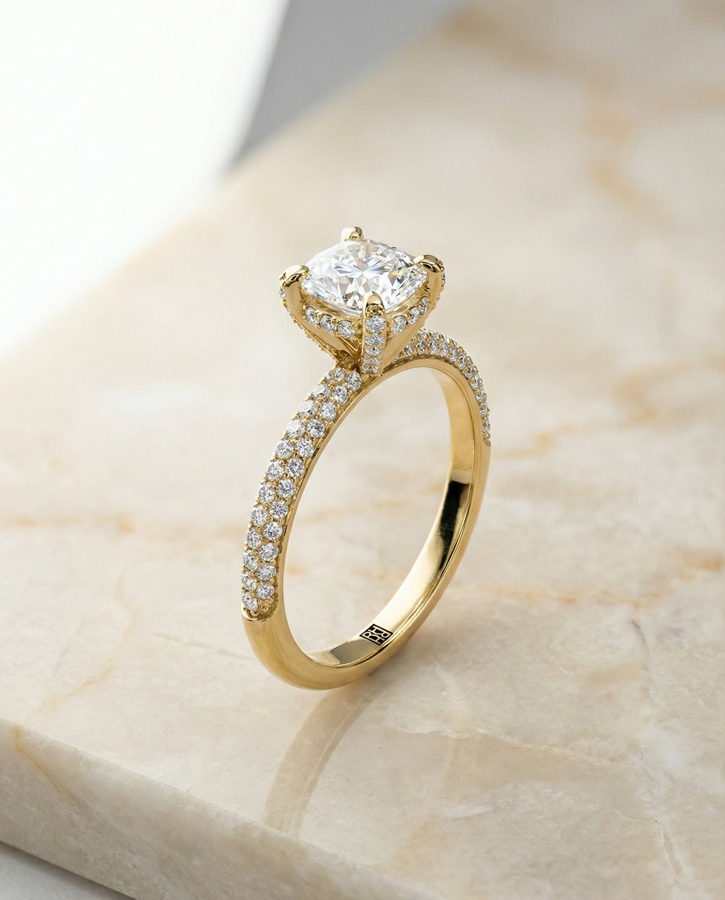Diamond Encrusted Claw Triple Pavé Cushion, in 18K Yellow Gold – front view | RockHer