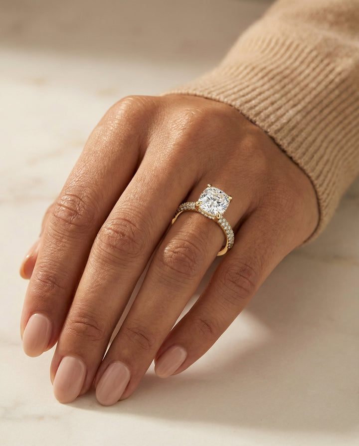 Diamond Encrusted Claw Triple Pavé Cushion, in 18K Yellow Gold – lifestyle shot | RockHer