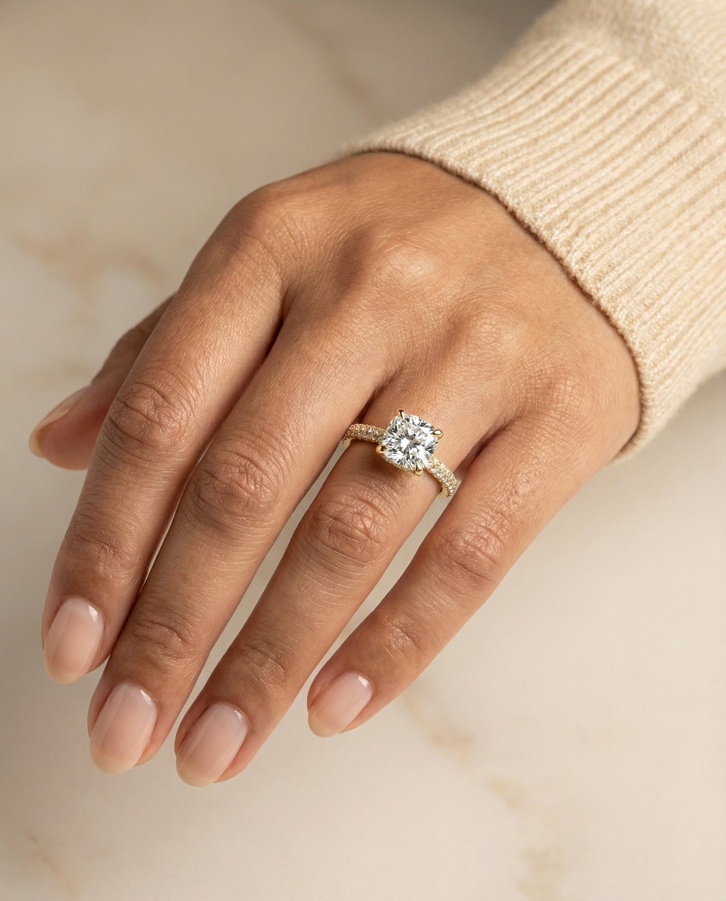 Diamond Encrusted Claw Triple Pavé Cushion, in 18K Yellow Gold – lifestyle shot | RockHer