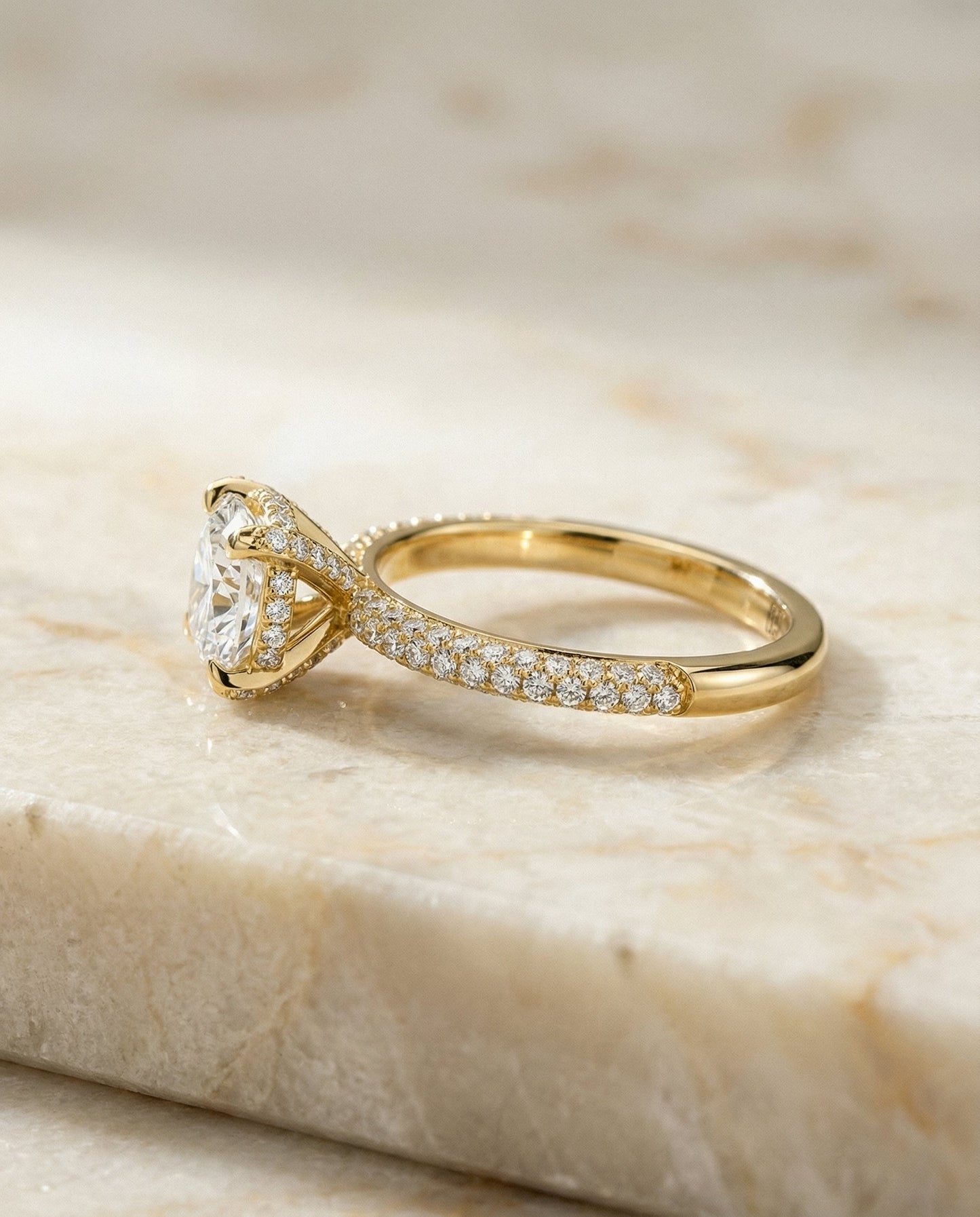 Diamond Encrusted Claw Triple Pavé Cushion, in 18K Yellow Gold – side profile | RockHer