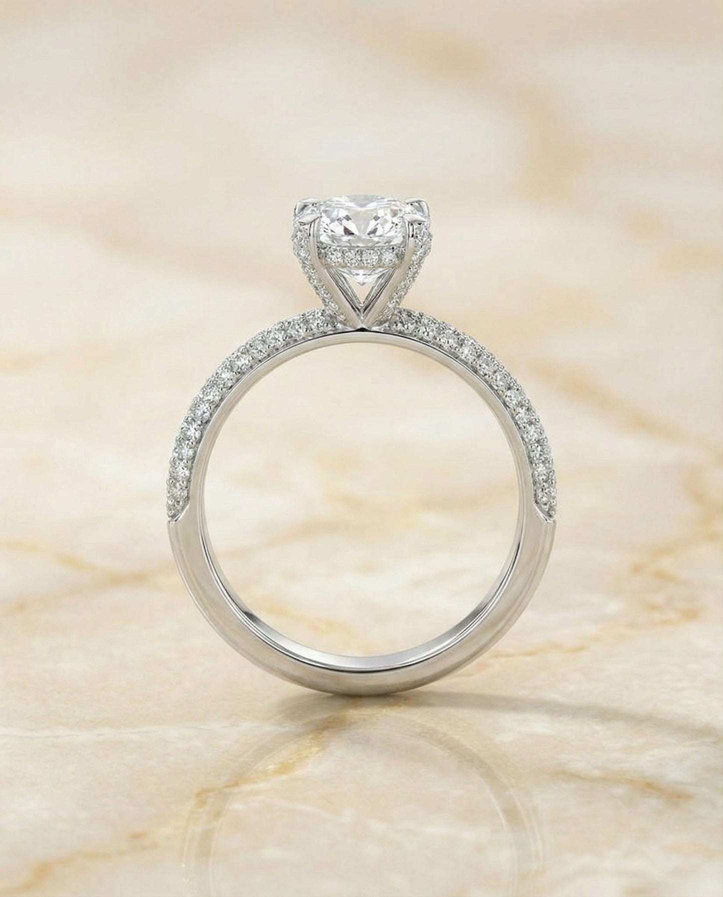 Diamond Encrusted Claw Triple Pavé Cushion, in Platinum – angled view | RockHer