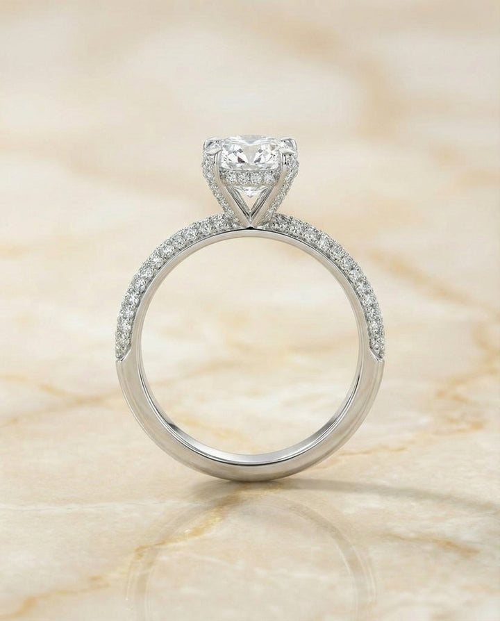 Diamond Encrusted Claw Triple Pavé Cushion, in Platinum – angled view | RockHer