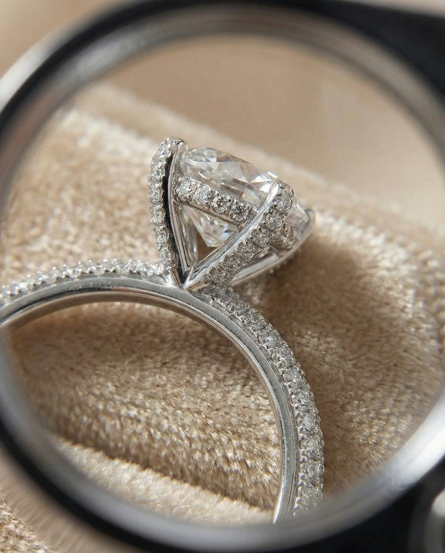 Diamond Encrusted Claw Triple Pavé Cushion, in 18K White Gold – detail view | RockHer