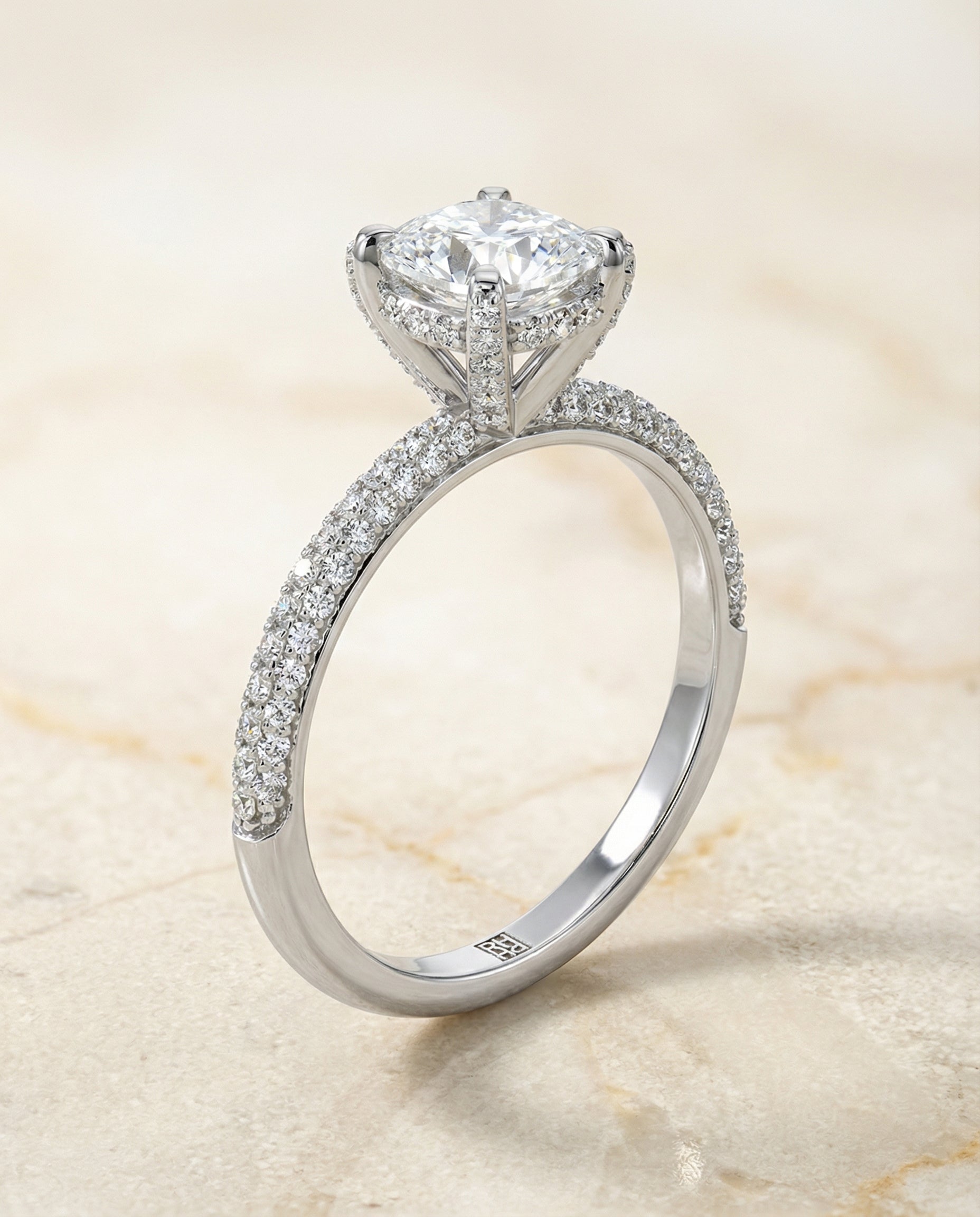 Diamond Encrusted Claw Triple Pavé Cushion, in Platinum – front view | RockHer