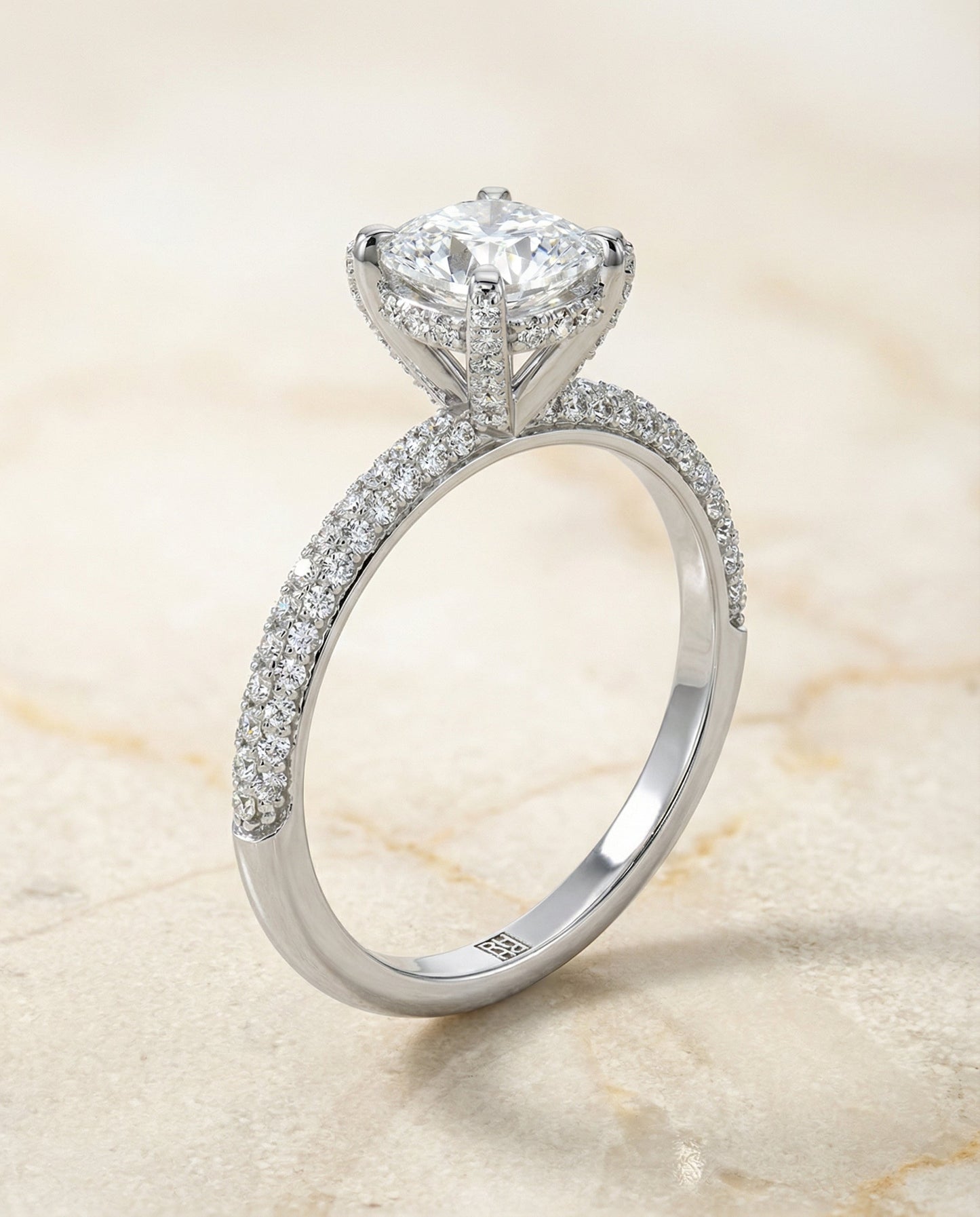 Diamond Encrusted Claw Triple Pavé Cushion, in 18K White Gold – front view | RockHer
