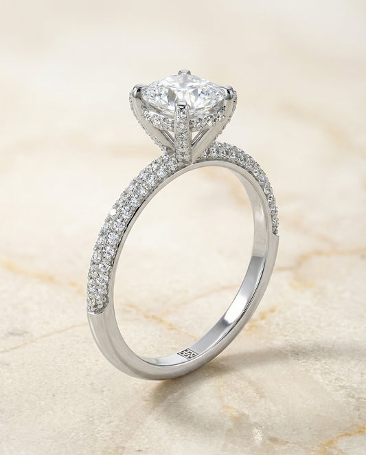 Diamond Encrusted Claw Triple Pavé Cushion, in 18K White Gold – front view | RockHer