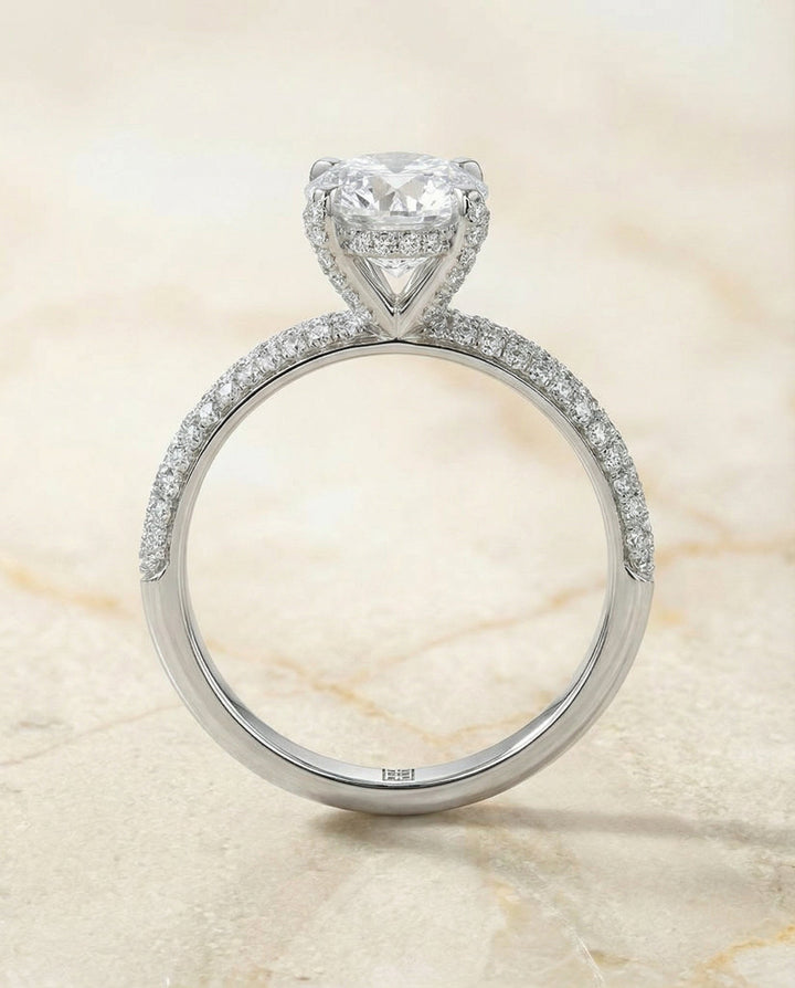 Diamond Encrusted Claw Triple Pavé Cushion, in Platinum – side profile | RockHer