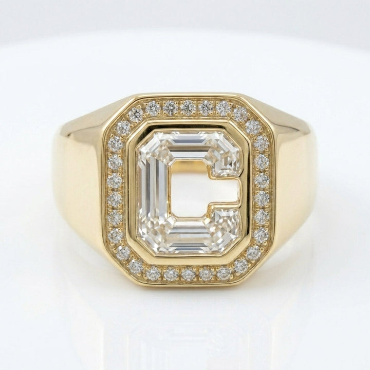 Women's Diamond Frame lab-grown diamond letter signet ring in 14K Yellow Gold, letter C, product photography