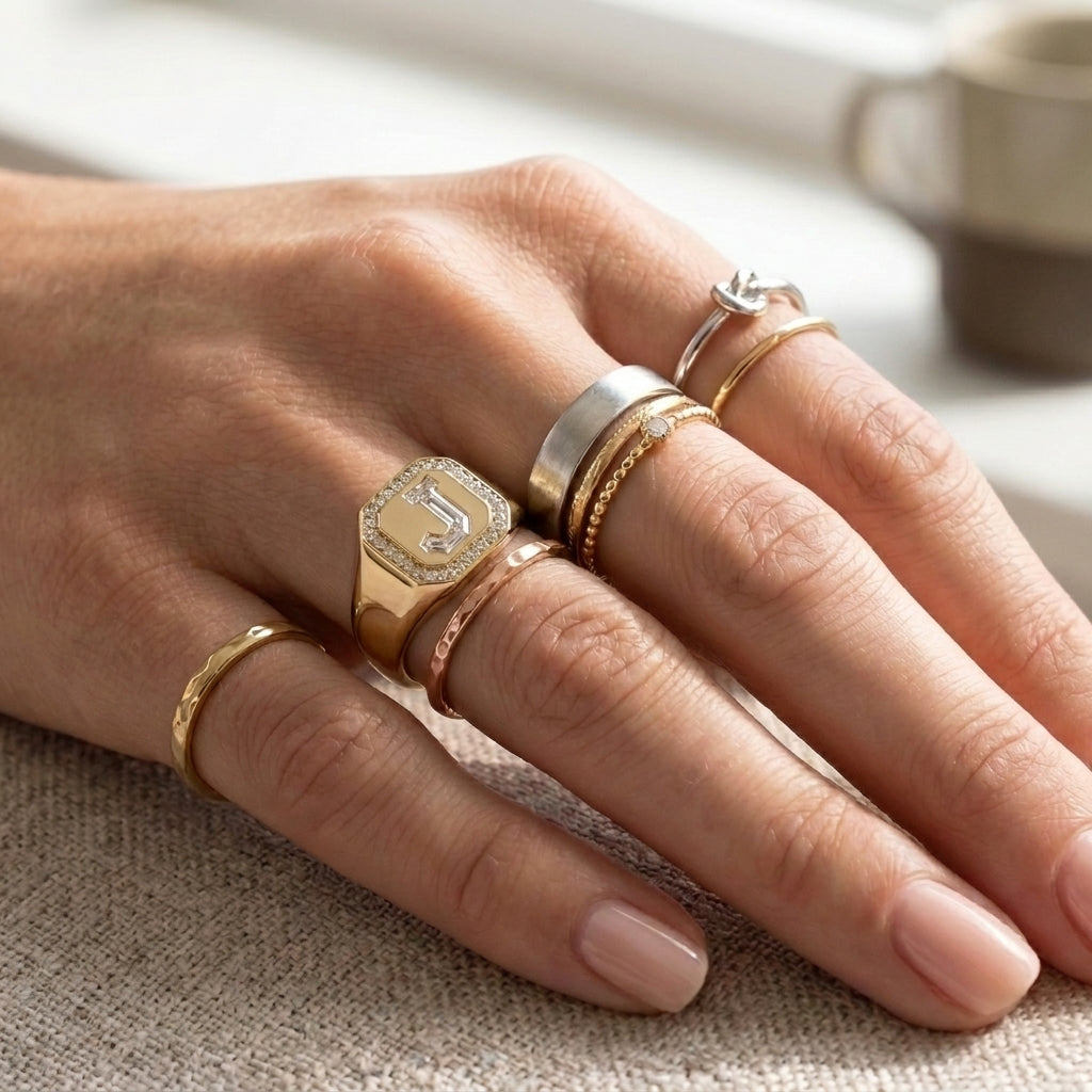 Women's Diamond Frame lab-grown diamond letter signet ring in 14K Yellow Gold, letter J, worn on hand