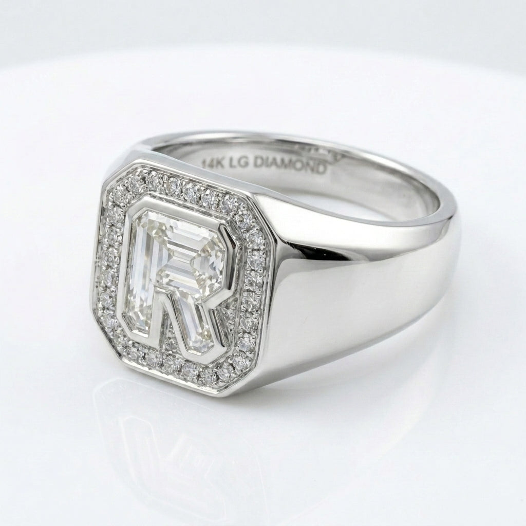 Women's Diamond Frame lab-grown diamond letter signet ring in 14K White Gold, letter R, product photography