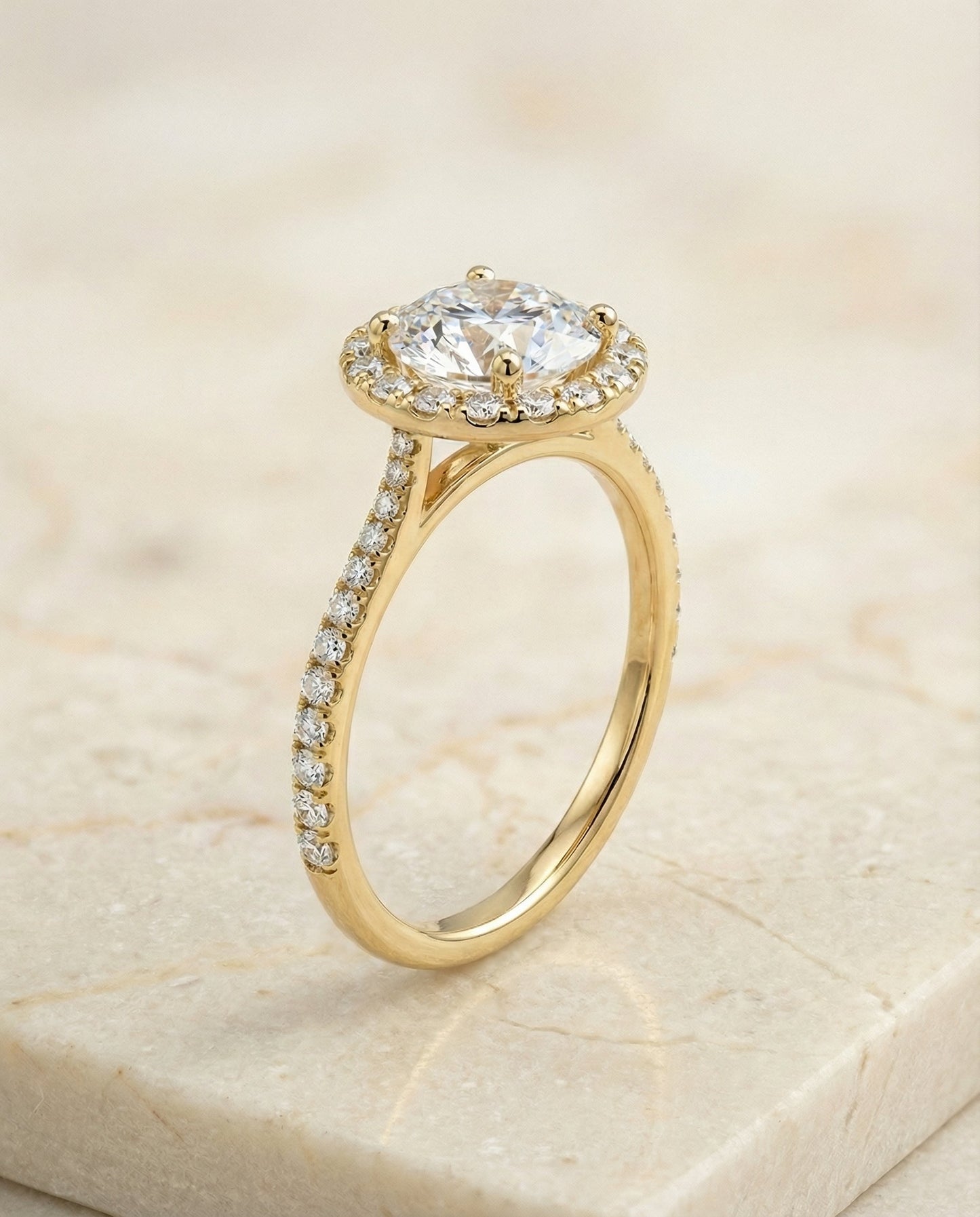 Round Brilliant, Diamond Pavé Halo, in 18K Yellow Gold, pave setting – front view | RockHer