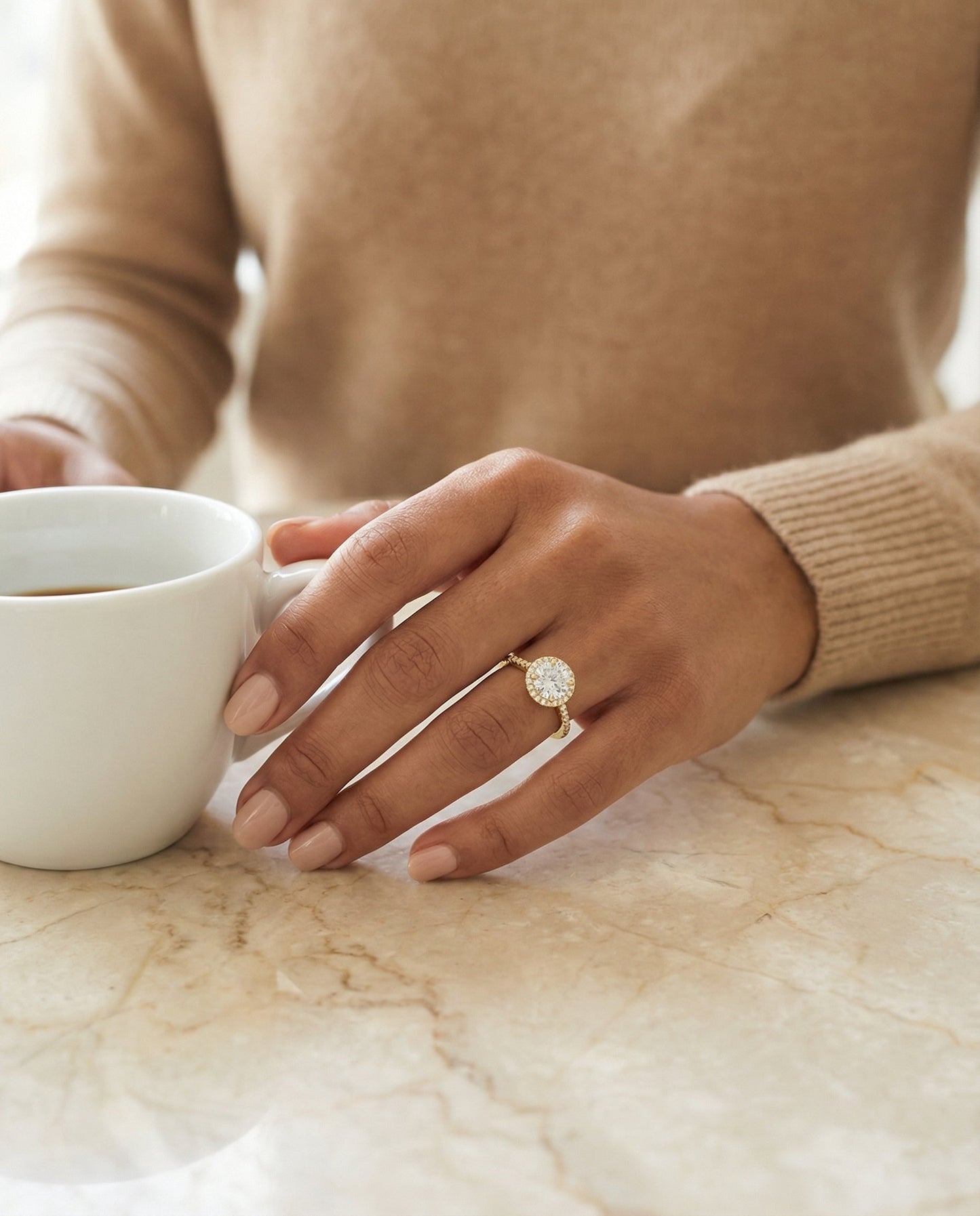 Round Brilliant, Diamond Pavé Halo, in 18K Yellow Gold, pave setting – lifestyle shot | RockHer