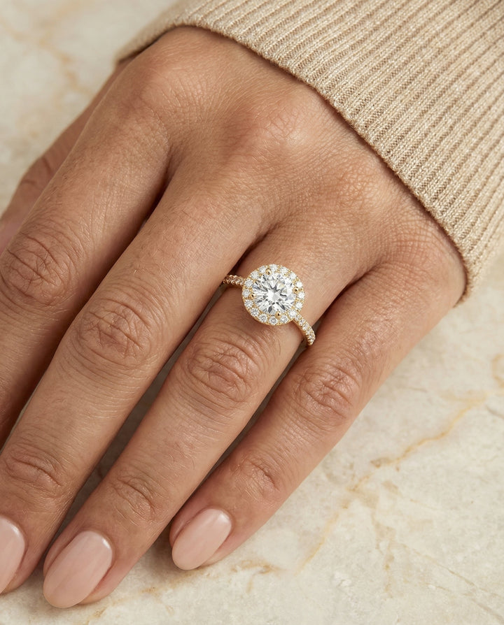 Round Brilliant, Diamond Pavé Halo, in 18K Yellow Gold, pave setting – lifestyle shot | RockHer
