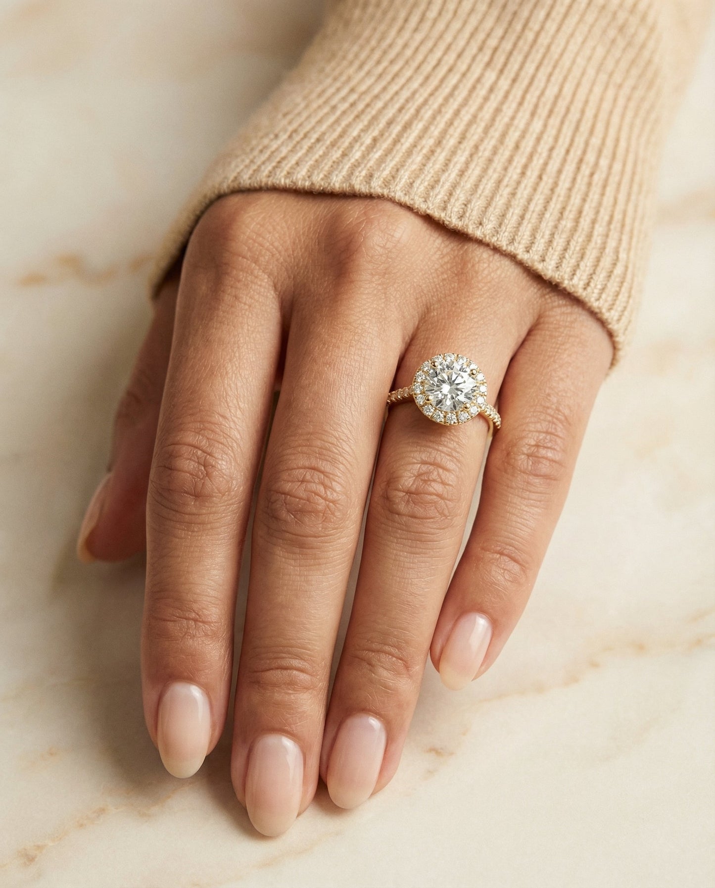 Round Brilliant, Diamond Pavé Halo, in 18K Yellow Gold, pave setting – lifestyle shot | RockHer