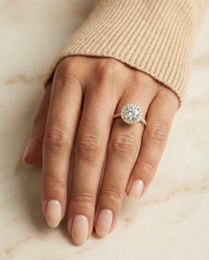 Round Brilliant, Diamond Pavé Halo, in 18K Yellow Gold, pave setting – lifestyle shot | RockHer