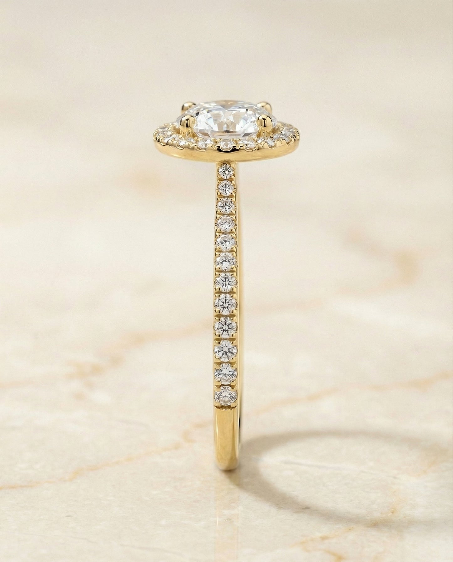Round Brilliant, Diamond Pavé Halo, in 18K Yellow Gold, pave setting – side profile | RockHer