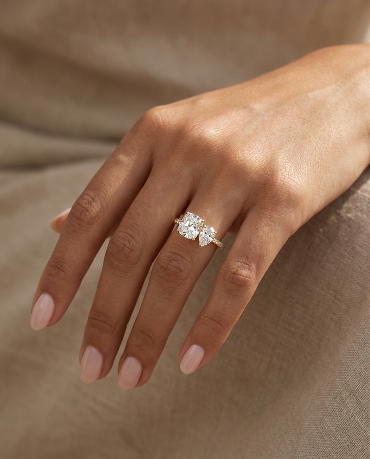 The Diana — Toi et Moi Cushion & Pear Pavé Band - Ring on hand model