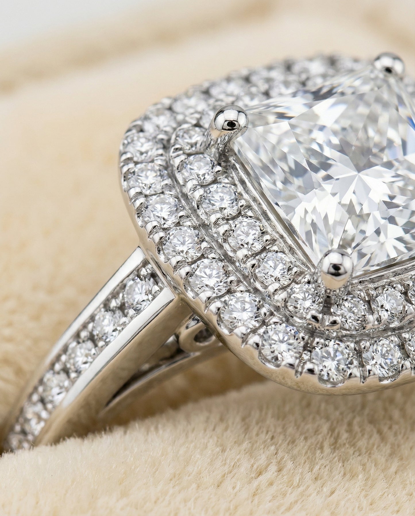 Double Halo Channel Band Princess, in Platinum, pave setting – detail view | RockHer