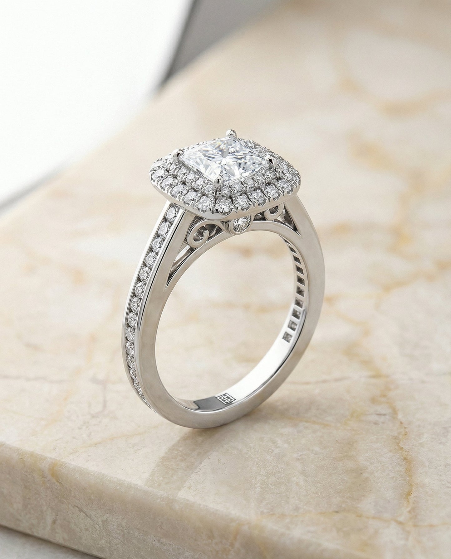 Double Halo Channel Band Princess, in Platinum, pave setting – front view | RockHer