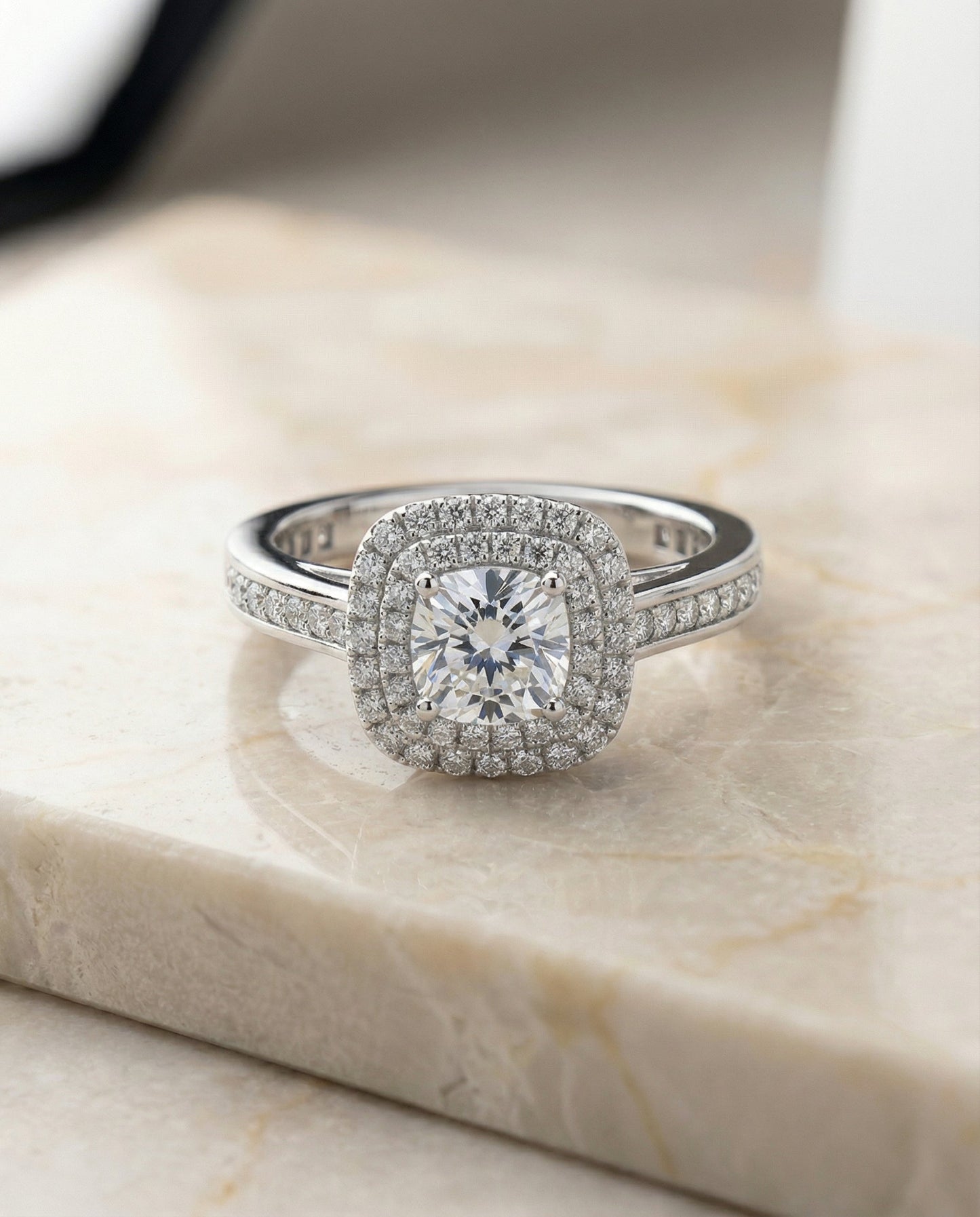 Double Halo Channel Band Princess, in Platinum, pave setting – front view | RockHer