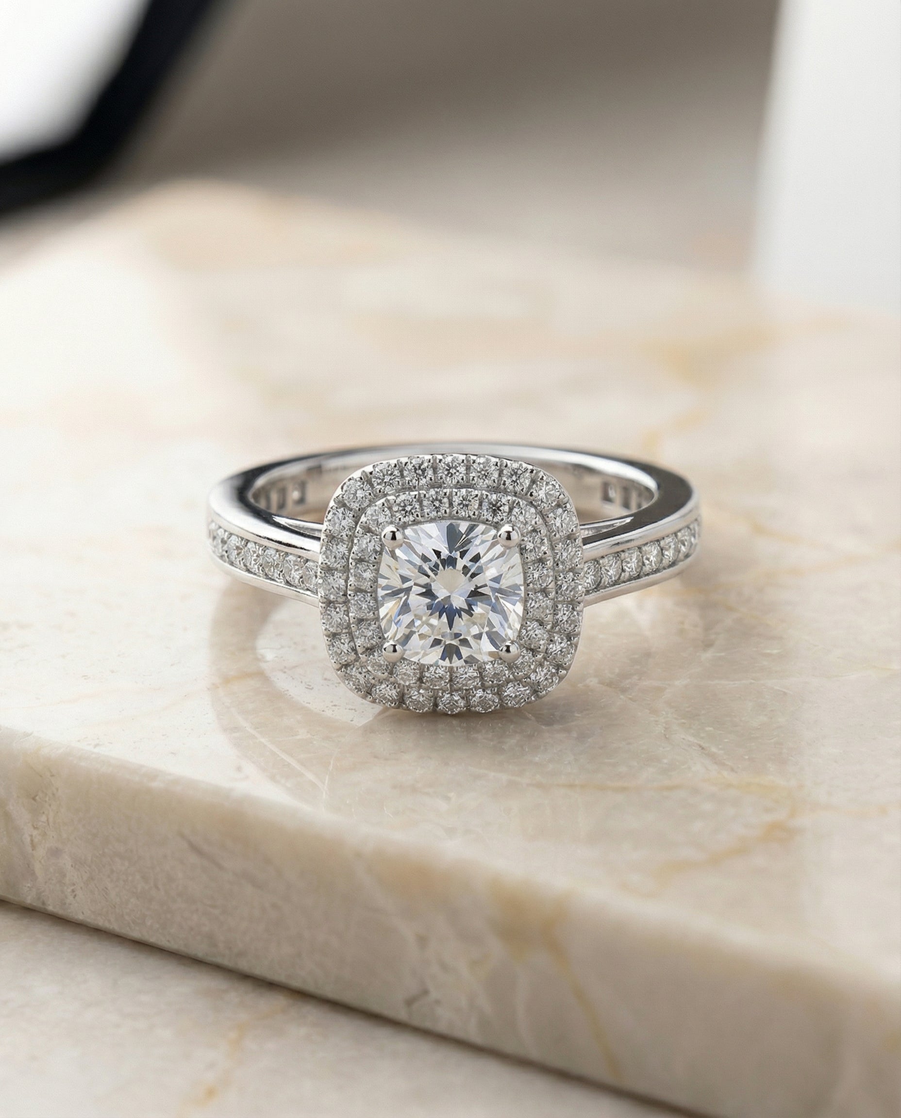 Double Halo Channel Band Princess, in Platinum, pave setting – front view | RockHer