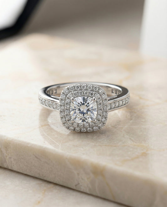 Double Halo Channel Band Princess, in Platinum, pave setting – front view | RockHer
