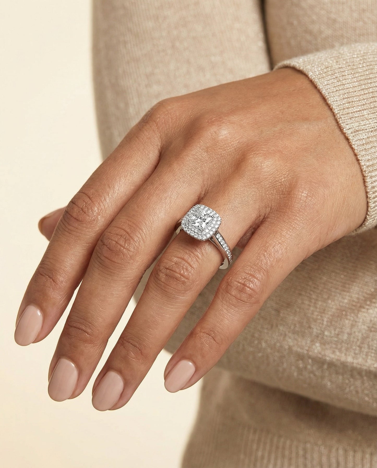 Double Halo Channel Band Princess, in Platinum, pave setting – lifestyle shot | RockHer
