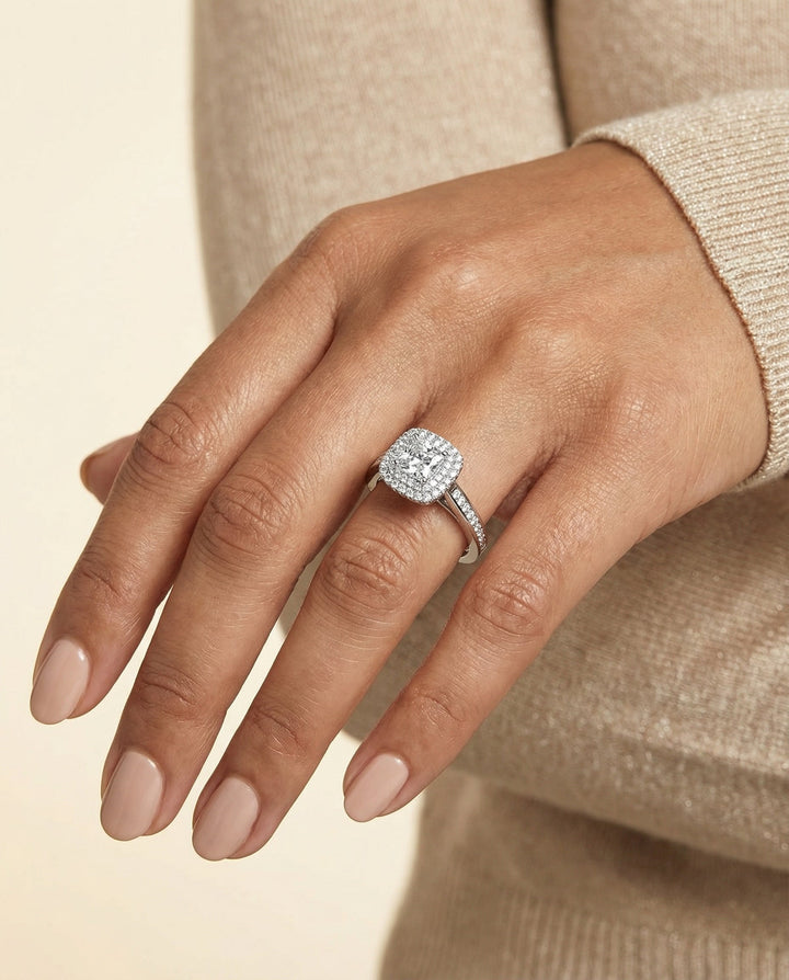 Double Halo Channel Band Princess, in Platinum, pave setting – lifestyle shot | RockHer