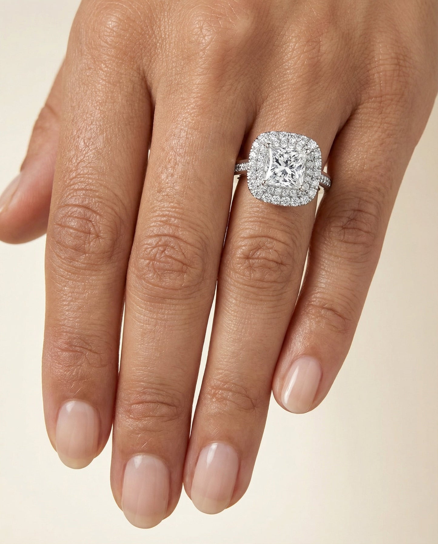 Double Halo Channel Band Princess, in Platinum, pave setting – lifestyle shot | RockHer